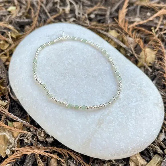 Fine Solid .925 Sterling Silver and green jade gemstone stacking bracelet gift - Picture 2 of 4